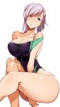  1girl alternate_hairstyle arm_at_side bangs bare_shoulders between_legs black_swimsuit blue_eyes breasts chestnut_mouth cleavage collarbone colored_eyelashes commentary_request competition_swimsuit covered_nipples curvy fate/grand_order fate_(series) feet_out_of_frame from_side grey_background groin hair_down hand_between_legs head_tilt highleg highleg_swimsuit highres hip_focus impossible_clothes impossible_swimsuit invisible_chair knee_up kneepits large_breasts legs_together long_hair looking_at_viewer miyamoto_musashi_(fate/grand_order) miyamoto_musashi_(swimsuit_berserker)_(fate) no_headwear off_shoulder one-piece_swimsuit parted_lips shiny shiny_hair shiny_skin silver_hair simple_background sitting skin_tight solo strap_slip swept_bangs swimsuit thick_thighs thighs tied_hair tokiwa_midori_(kyokutou_funamushi) wide_hips 