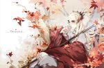  1boy artist_request autumn autumn_leaves blonde_hair character_name closed_mouth collar elf grey_pants hand_on_own_face hand_on_own_knee jewelry leaf long_hair long_sleeves looking_at_viewer lord_of_the_rings male_focus maple_leaf pants pointy_ears ring sitting solo staff thranduil tiara 