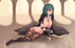  blue_eyes breasts byleth_(female) cait cape fire_emblem garter_belt green_hair long_hair navel nipples no_bra pantyhose sword torn_clothes weapon 