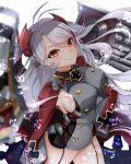  1girl absurdres ahoge asymmetrical_bangs azur_lane bangs blurry blush breasts bubble closed_mouth cowboy_shot depth_of_field dodon_gadon eyebrows_visible_through_hair floating_hair garter_straps hair_ornament hand_on_hip highres iron_cross large_breasts long_hair long_sleeves looking_at_viewer military military_uniform mole mole_on_breast multicolored_hair orange_eyes prinz_eugen_(azur_lane) red_hair rigging shield sideboob silver_hair simple_background smile solo thighs twintails two-tone_hair uniform white_background 