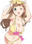  1girl ;d bikini breasts brown_hair collarbone green_eyes hair_ribbon hibike!_euphonium large_breasts long_hair looking_at_viewer navel one_eye_closed open_mouth ribbon simple_background smile solo swimsuit teeth umanosuke upper_teeth white_background yellow_bikini yellow_ribbon yoshikawa_yuuko 