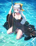  1girl absurdres bangs bikini bj8103 blue_bikini bow breasts cleavage closed_mouth collarbone eyebrows_visible_through_hair fate/grand_order fate_(series) full_body hair_between_eyes hair_bow halterneck highres holding_polearm horns kiyohime_(fate/grand_order) kiyohime_(swimsuit_lancer)_(fate) kneeling long_hair looking_at_viewer medium_breasts navel ponytail red_eyes see-through shiny shiny_hair silver_hair smile solo swimsuit very_long_hair yellow_bow 