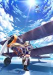  1girl absurdres aircraft airplane biplane black_footwear blonde_hair blue_eyes blue_sky boots cloud fujima_takuya goggles goggles_on_headwear gun headwear_removed helmet helmet_removed high_heel_boots high_heels highres horizon jacket key_visual knee_boots long_hair long_sleeves looking_away looking_up machine_gun miniskirt ocean official_art pleated_skirt propeller scarf seaplane shadow skindentation skirt sky solo standing sun sunlight thighhighs very_long_hair weapon white_legwear zettai_ryouiki 