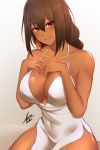  1girl airisubaka artist_name azur_lane bangs bare_shoulders breasts brown_eyes brown_hair collarbone commentary dark_skin dress english_commentary eyebrows_visible_through_hair gradient gradient_background grey_background hair_between_eyes hands_on_own_chest highres large_breasts long_hair looking_at_viewer parted_lips side_slit signature simple_background smile solo south_dakota_(azur_lane) white_dress 