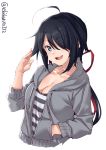  1girl :d ahoge alternate_costume bangs black_hair blue_eyes blush breasts cleavage collarbone cropped_torso ebifurya eyebrows_visible_through_hair grey_jacket hair_over_one_eye highres hood hooded_jacket jacket kako_(kantai_collection) kantai_collection long_hair long_sleeves open_mouth parted_bangs ponytail shirt simple_background smile solo striped striped_shirt twitter_username white_background 