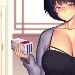  1girl bangs black_hair black_tank_top blue_sweater blush box breasts brown_eyes cardigan cleavage collarbone commentary_request condom_box covered_nipples glasses grin hakai_shin holding holding_box indoors large_breasts looking_at_viewer mature open_cardigan open_clothes original short_hair smile sweater 
