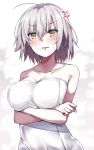  1girl ahoge anger_vein bangs breasts cleavage collarbone eyebrows_visible_through_hair fate/grand_order fate_(series) hair_between_eyes highres jeanne_d&#039;arc_(alter)_(fate) jeanne_d&#039;arc_(fate)_(all) large_breasts looking_at_viewer naked_towel open_mouth shiny shiny_hair short_hair silver_hair simple_background solo sweatdrop towel upper_body white_background white_towel yellow_eyes yuhito_(ablbex) 