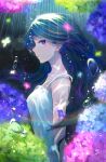  1girl black_hair blue_flower blue_hair brown_eyes dress floating_hair flower from_side green_flower highres hydrangea long_hair looking_at_viewer looking_to_the_side mole mole_under_eye multicolored_hair original pabo pink_flower purple_flower sleeveless sleeveless_dress solo sundress two-tone_hair very_long_hair white_dress 