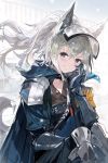  1girl andrian_gilang animal_ears arknights blush collarbone eyebrows_visible_through_hair grani_(arknights) grey_hair grin hair_between_eyes highres long_hair looking_at_viewer parted_lips ponytail purple_eyes smile solo tail wolf_ears wolf_tail 