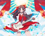  1girl arm_up blue_background blush bow brown_hair cloud confetti cowboy_shot curtains detached_sleeves electric_guitar frills grin guitar hair_bow hair_tubes hakurei_reimu highres instrument long_hair looking_at_viewer pointing pointing_up red_bow red_eyes red_shirt red_skirt shirt skirt smile solo sparkle sun sunburst takushiima touhou wide_sleeves wind yellow_neckwear 