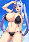  1girl :d aqua_eyes arm_behind_back bangs bare_shoulders bikini black_bikini blue_hair blue_sky blush breasts cleavage cloud collarbone commentary_request cowboy_shot day eyebrows_visible_through_hair groin hair_between_eyes hair_intakes hand_on_own_head hand_up large_breasts lens_flare long_hair looking_at_viewer midriff navel nega96396 open_mouth original outdoors side-tie_bikini sidelocks sky smile solo standing sunlight sweat swimsuit twintails upper_body water_drop 