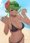  1girl beach bikini black_bikini blue_sky blush breasts closed_mouth cloud collarbone dark_skin eyebrows_visible_through_hair fang flower gatchan green_eyes green_hair hair_flower hair_ornament hands_up large_breasts long_hair looking_at_viewer mao_(pokemon) ocean outdoors pokemon pokemon_(game) pokemon_sm sand sky smile solo swimsuit twintails 