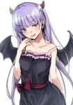  1girl :d bangs black_dress black_wings blush bow character_request collarbone demon_wings dress eyebrows_visible_through_hair highres long_hair looking_at_viewer off-shoulder_dress off_shoulder open_mouth purple_eyes purple_hair red_bow shiny shiny_hair simple_background sketch sleeveless sleeveless_dress smile solo standing twintails very_long_hair white_background wings yuhito_(ablbex) 