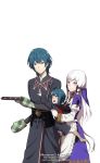  1boy 2girls :d apron armor baking_sheet blue_eyes blue_hair boots byleth_(fire_emblem) byleth_(fire_emblem)_(male) child coat cookie dannex009 dress family fire_emblem fire_emblem:_three_houses food hair_ornament highres long_hair long_sleeves lysithea_von_ordelia multiple_girls open_mouth outstretched_arm oven_mitts pink_eyes purple_dress short_hair sidelocks smile tassel veil white_hair wide_sleeves 