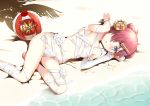  1girl asymmetrical_sleeves bandages beach bikini bikini_bottom blue_eyes breasts detached_sleeves fate/apocrypha fate_(series) frankenstein&#039;s_monster_(fate) full_body hair_bun hair_over_one_eye highres leg_ribbon long_sleeves looking_at_viewer lying naked_bandage on_side open_mouth pink_hair ribbon shiny shiny_hair short_hair side-tie_bikini single_sleeve small_breasts soda_smoothies solo swimsuit underboob white_bikini white_sleeves 