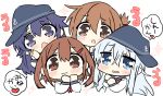  4girls akatsuki_(kantai_collection) anchor_symbol black_hair black_sailor_collar blue_eyes blue_headwear brown_eyes brown_hair chibi commentary_request flat_cap folded_ponytail hair_ornament hairclip hat hibiki_(kantai_collection) highres hizuki_yayoi ikazuchi_(kantai_collection) inazuma_(kantai_collection) kantai_collection long_hair looking_at_viewer multiple_girls neckerchief purple_eyes red_neckwear sailor_collar school_uniform serafuku short_ponytail silver_hair simple_background sparkle upper_body watery_eyes white_background 