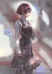  1girl arm_at_side blurry blurry_background braid brown_hair buttons cglas closed_mouth crown_braid deviantart_username from_side hand_on_own_chest hand_up lips long_sleeves medium_skirt niijima_makoto pantyhose persona persona_5 plaid plaid_scarf red_eyes scarf short_hair skirt solo sweater turtleneck turtleneck_sweater vest watermark web_address 