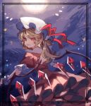  1girl absurdres blonde_hair cowboy_shot crystal dress flandre_scarlet frame frills from_behind hat hat_ribbon highres long_hair looking_back mob_cap night pointy_ears red_dress red_eyes red_ribbon ribbon short_sleeves side_ponytail solo takushiima touhou white_headwear wings wrist_cuffs 