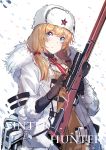  1girl ammunition_pouch belt blonde_hair blue_eyes bolt_action brown_sweater bullet closed_mouth coat commentary echj english_text fur-trimmed_coat fur_hat fur_trim girls_frontline gloves gun hat highres jacket long_hair mosin-nagant mosin-nagant_(girls_frontline) necktie pouch red_star ribbed_sweater rifle scope sniper_rifle snow snowing solo sweater ushanka weapon white_headwear white_jacket 