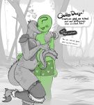  &lt;3 anon argonian armor bethesda_softworks blush breast_squish breasts bulge claws clothing cokesero deeja dialogue duo english_text erection erection_under_clothing female forest green_body green_skin hi_res horn human male male/female mammal navel outside public scalie scar skyrim slightly_chubby squish tail_fetish tail_play text the_elder_scrolls thong topwear tree underwear vest video_games 