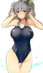  1girl absurdres ass_visible_through_thighs black_swimsuit blue_eyes breasts collarbone competition_swimsuit cowboy_shot highres kantai_collection kashima_(kantai_collection) large_breasts long_hair looking_at_viewer one-piece_swimsuit silver_hair smile solo standing striped striped_swimsuit swimsuit thigh_gap twintails wasavi_8 water wavy_hair wet wet_clothes wet_swimsuit 