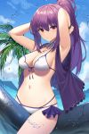 1girl alternate_costume arms_up bangs bikini blue_sky breasts cleavage day fate/grand_order fate_(series) front-tie_bikini front-tie_top hair_between_eyes highres inflatable_toy looking_at_viewer mountainous_horizon navel ocean outdoors palm_tree phano_(125042) ponytail purple_hair purple_ribbon red_eyes ribbon scathach_(fate)_(all) scathach_skadi_(fate/grand_order) sky splashing swimsuit tiara tree vest 
