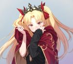  1girl bangs black_dress blonde_hair blush bow cape dress earrings ereshkigal_(fate/grand_order) eyebrows_visible_through_hair fate/grand_order fate_(series) grey_background hair_bow hands_up highres jewelry long_hair long_sleeves looking_at_viewer parted_bangs purple_cape red_bow red_eyes simple_background single_sleeve sleeves_past_wrists solo tiara tuchinokoeffect two_side_up upper_body v-shaped_eyebrows very_long_hair 