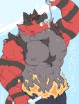  abs anthro beverage beverage_can black_body black_bottomwear black_clothing black_fur bottle bottomwear chest_tuft clothed clothing drinking eyewear felid feline fire fur hi_res holding_beverage holding_bottle holding_object incineroar male mammal muscular muscular_male nintendo nipples open_mouth pecs pok&eacute;mon pok&eacute;mon_(species) raikarou red_body red_fur sharp_teeth solo sunglasses teeth tongue tongue_out tuft video_games 