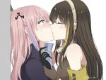 2girls armband blue_eyes blush brown_hair closed_eyes commentary_request from_side girls_frontline gloves green_hair headphones highres kiss long_hair m4a1_(girls_frontline) multicolored_hair multiple_girls pink_hair simple_background st_ar-15_(girls_frontline) sui_(camellia) two-tone_hair wall_slam white_background wrist_grab yuri 