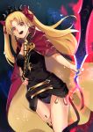  1girl :d asymmetrical_legwear black_legwear blonde_hair blue_panties bow cape diadem dutch_angle earrings ereshkigal_(fate/grand_order) fate/grand_order fate_(series) floating_hair hair_bow hand_on_hip holding holding_sword holding_weapon jewelry long_hair open_mouth orange_eyes panties red_bow red_cape shimozuki_shio single_thighhigh smile solo standing sword thighhighs twintails underwear v-shaped_eyebrows very_long_hair weapon 
