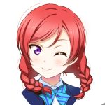  1girl ;) alternate_hairstyle anibache bangs blue_bow blue_jacket blue_neckwear bow bowtie braid eyebrows_visible_through_hair jacket long_hair looking_at_viewer love_live! love_live!_school_idol_project nishikino_maki one_eye_closed portrait purple_eyes red_hair school_uniform shiny shiny_hair simple_background smile solo striped striped_neckwear swept_bangs twin_braids white_background 