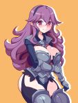  armor armored_boots boots breasts cleavage disgaea garter_straps gauntlets hairband heavy_knight_(disgaea) highres large_breasts long_hair looking_at_viewer makai_senki_disgaea nisemono_faker pointy_ears purple_hair red_eyes smile 