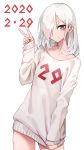  1girl black_eyes clothes_tug dated eyebrows_visible_through_hair hair_over_one_eye highres leap_day looking_at_viewer medium_hair oopartz_yang original smile solo sweater sweater_tug v white_background white_hair 