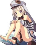  1girl ankle_cuffs ass azur_lane ball_and_chain_restraint bangs barefoot blonde_hair chain commentary_request eyebrows_visible_through_hair grozny_(azur_lane) grozny_(bad_bunny_behind_bars)_(azur_lane) hat highres leash long_hair looking_at_viewer macaroni_hourensou prison_clothes purple_eyes short_hair simple_background sitting solo torn_clothes white_background white_headwear 