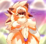  2020 absurd_res anthro big_breasts blush breasts canid canine dusk_lycanroc female fur genitals hi_res lycanroc mammal milkteafox nintendo nipples orange_body orange_fur pok&eacute;mon pok&eacute;mon_(species) pussy solo video_games white_body white_fur 