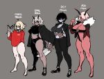  4girls absurdres ahoge ash_(babo) asymmetrical_clothes babo bare_shoulders black_sclera blonde_hair bra breasts chris_(babo) cleaver dark_skin emil_(babo) eyepatch fang fur_collar grey_background grey_bra grey_hair grey_skin halter_top halterneck height_chart highres holding holding_weapon horns huge_breasts large_breasts midriff mole mole_on_breast multiple_girls navel o-ring one-eyed original pants pink_skin pointy_ears revealing_clothes rey_(babo) scissors shoes short_hair short_stack silver_hair single_pantsleg skin_fang sneakers sports_bra strapless thick_thighs thighs tubetop underwear weapon yellow_eyes zipper 