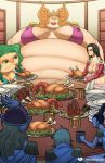  big_breasts black_hair boa_hancock boa_marigold boa_sandersonia breasts cleavage clothed clothing expansion-fan-comics female food green_hair group hair hi_res human human_focus mammal nipples not_furry not_furry_focus one_piece orange_hair overweight overweight_female plates size_difference stuffing 