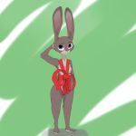  1:1 anthro breasts cerebral_knievel disney female fur green_background grey_body grey_fur hi_res judy_hopps lagomorph leporid mammal purple_eyes rabbit red_ribbon simple_background solo standing zootopia 