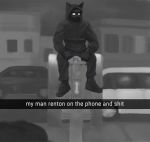  2020 anthro balaclavacat bottomwear clothed clothing death_grips digital_media_(artwork) english_text fur greyscale hi_res looking_at_viewer male meme monochrome painting profanity snapchat solo standing text topwear 