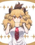  1girl animal_ears bare_arms big_hair blonde_hair breast_pocket brown_hair c: closed_mouth commentary_request fur_collar hair_between_eyes hands_in_hair hands_up highres kemono_friends kotobukkii_(yt_lvlv) lion_(kemono_friends) lion_ears looking_at_viewer multicolored_hair necktie pocket red_neckwear shirt short_sleeves smile solo two-tone_hair upper_body yellow_eyes 