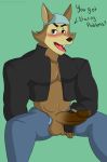  2020 absurd_res anthro balls blush bodily_fluids bottomwear canid canine clothed clothing digital_media_(artwork) disney ducktales ducktales_(2017) fangs fur genital_fluids genitals gloves handwear hat headgear headwear hi_res klr-rio looking_at_viewer male mammal muscular muscular_male open_mouth pants pecs penis precum scar simple_background sitting solo text 