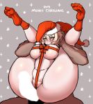 1boy 1girl 2019 absurdres babo belly blonde_hair blush bow breasts censored chris_(babo) christmas commentary crotch_ribbon dark_skin dark_skinned_male english_commentary erection eyebrows_visible_through_hair folded full_nelson hat hetero highres imminent_sex large_breasts large_penis leg_grab legs_over_head legs_up merry_christmas naked_ribbon original penis plantar_flexion red_bow red_legwear red_ribbon reverse_suspended_congress ribbon santa_hat short_hair short_stack skindentation socks solo_focus underboob veins yellow_eyes 
