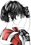  1girl akegata_tobari bangs from_side gloves greyscale hand_in_hair high_contrast highres kaban_(kemono_friends) kemono_friends monochrome parted_lips partially_colored profile red_shirt shirt short_hair short_sleeves solo upper_body wavy_hair 