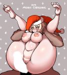  1boy 1girl 2019 absurdres babo belly blonde_hair blush breasts censored chris_(babo) christmas commentary dark_skin dark_skinned_male english_commentary erection folded full_nelson hat hetero highres imminent_sex large_breasts large_penis leg_grab legs_over_head legs_up merry_christmas nipples nude original penis plantar_flexion puffy_nipples pussy red_legwear reverse_suspended_congress santa_hat short_hair short_stack socks solo_focus yellow_eyes 