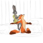  1:1 anthro bed breasts canid canine cerebral_knievel clothed clothing disney duo female fox fur furniture grey_body grey_fur hand_on_head hi_res inside judy_hopps lagomorph leporid male mammal nick_wilde on_bed open_shirt orange_body orange_fur rabbit red_fox shirt sitting sitting_on_bed topwear zootopia 