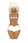  1girl beltbra blonde_hair breasts cleavage dark_skin guilty_gear guilty_gear_xrd highres looking_at_viewer medium_breasts medium_hair navel open_mouth ramlethal_valentine short_shorts shorts simple_background solo white_background zaki_(narashigeo) 