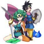  2girls asymmetrical_clothes black_hair blue_eyes breasts cape circlet curly_hair dragon_quest dragon_quest_iii dragon_quest_iv gloves green_hair heroine_(dq4) leotard looking_at_viewer maruta_kentarou multiple_girls open_mouth roto shield short_hair simple_background slime_(dragon_quest) smile sword weapon white_background 