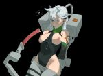  1girl animal_ears areolae arms_behind_back asymmetrical_hair asymmetrical_pants bangs bare_shoulders black_background black_leotard blue_eyes blush braid breasts breasts_outside choker closed_mouth crotch_seam dripping ear_cleaning girls_frontline green_choker grey_hair grey_pants hair_between_eyes hair_ears heart highleg highleg_leotard hirundo_rustica ksvk_(girls_frontline) large_breasts leotard lips long_hair machinery nipples nose_blush pants puffy_nipples ribbed_leotard rolling_eyes sexually_suggestive skin_tight solo spoken_heart suggestive_fluid 