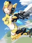  1girl :d armor ass breasts brown_hair cosmic_break from_side headgear highres large_breasts looking_at_viewer mecha_musume midriff open_mouth pallad rei_(cosmic_break) short_hair smile solo yellow_eyes 