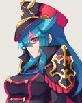  1girl aqua_hair black_collar breasts collar commentary dragalia_lost english_commentary expressionless from_side glasses grey_background grimmelsdathird hat highres kirsty_(dragalia_lost) long_hair looking_at_viewer medium_breasts military military_hat military_uniform pink_eyes simple_background solo uniform upper_body 